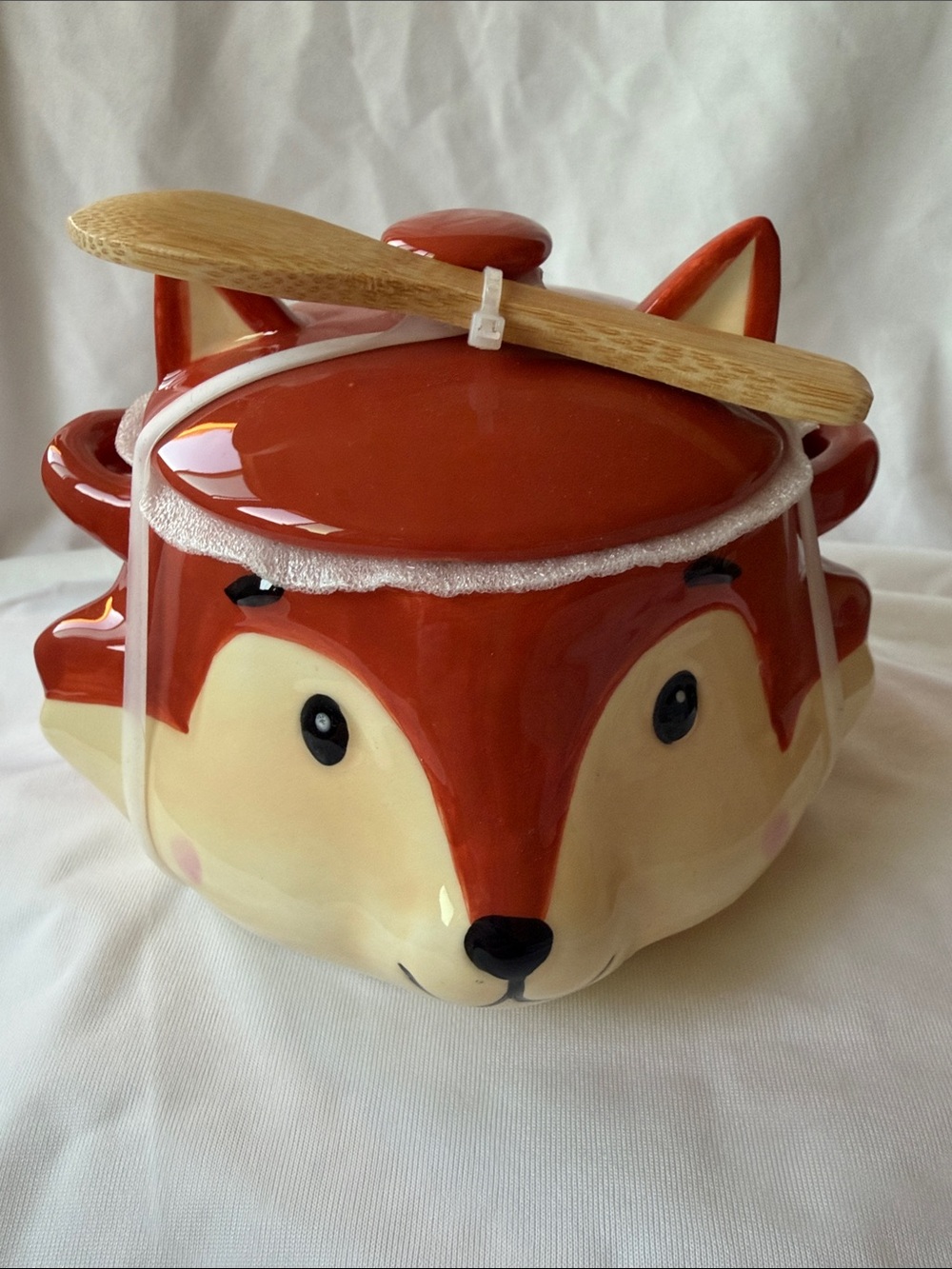 Ceramic Fox Honey Jar with Wooden Dipper - Orange and Cream